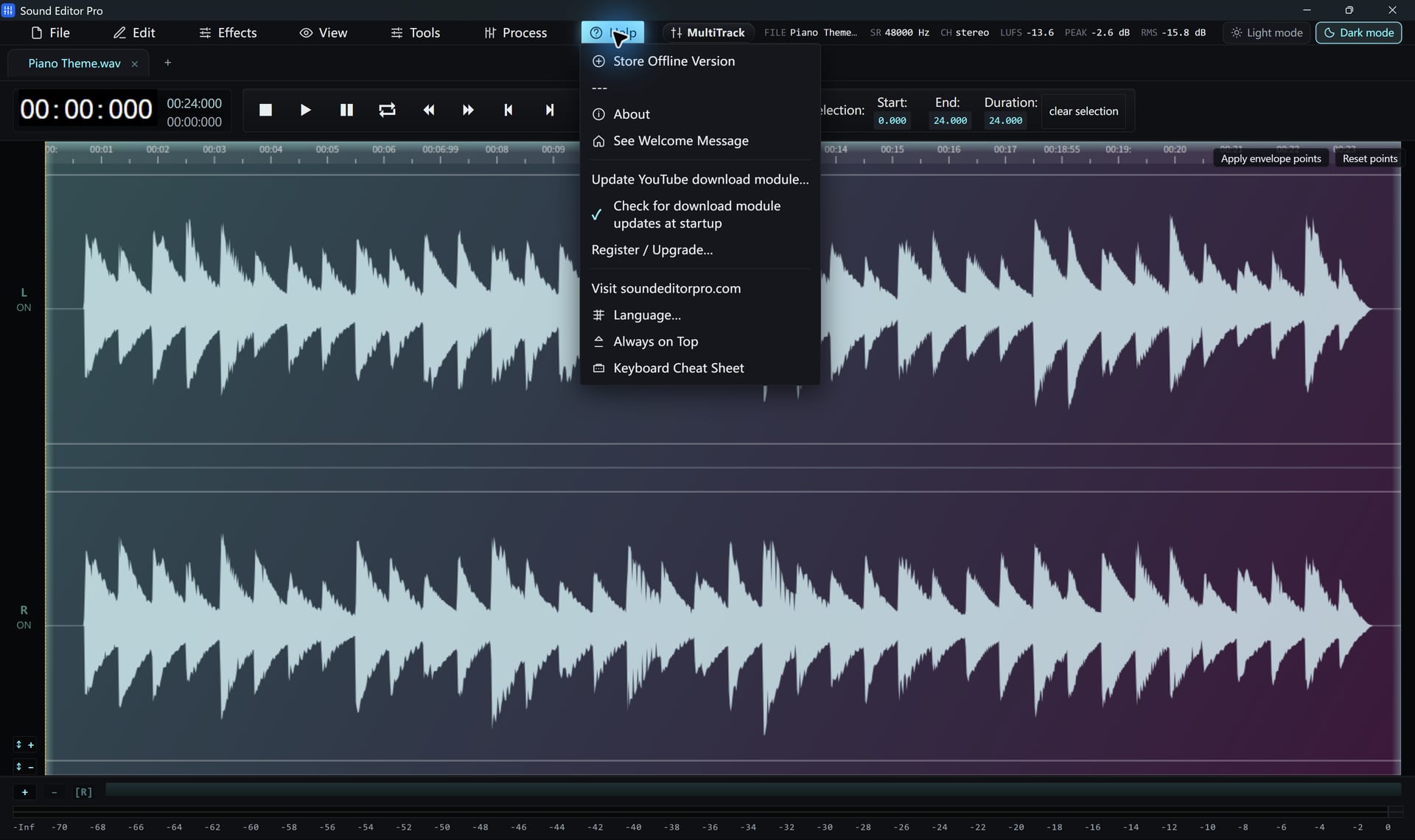 Sound Editor Pro Help menu