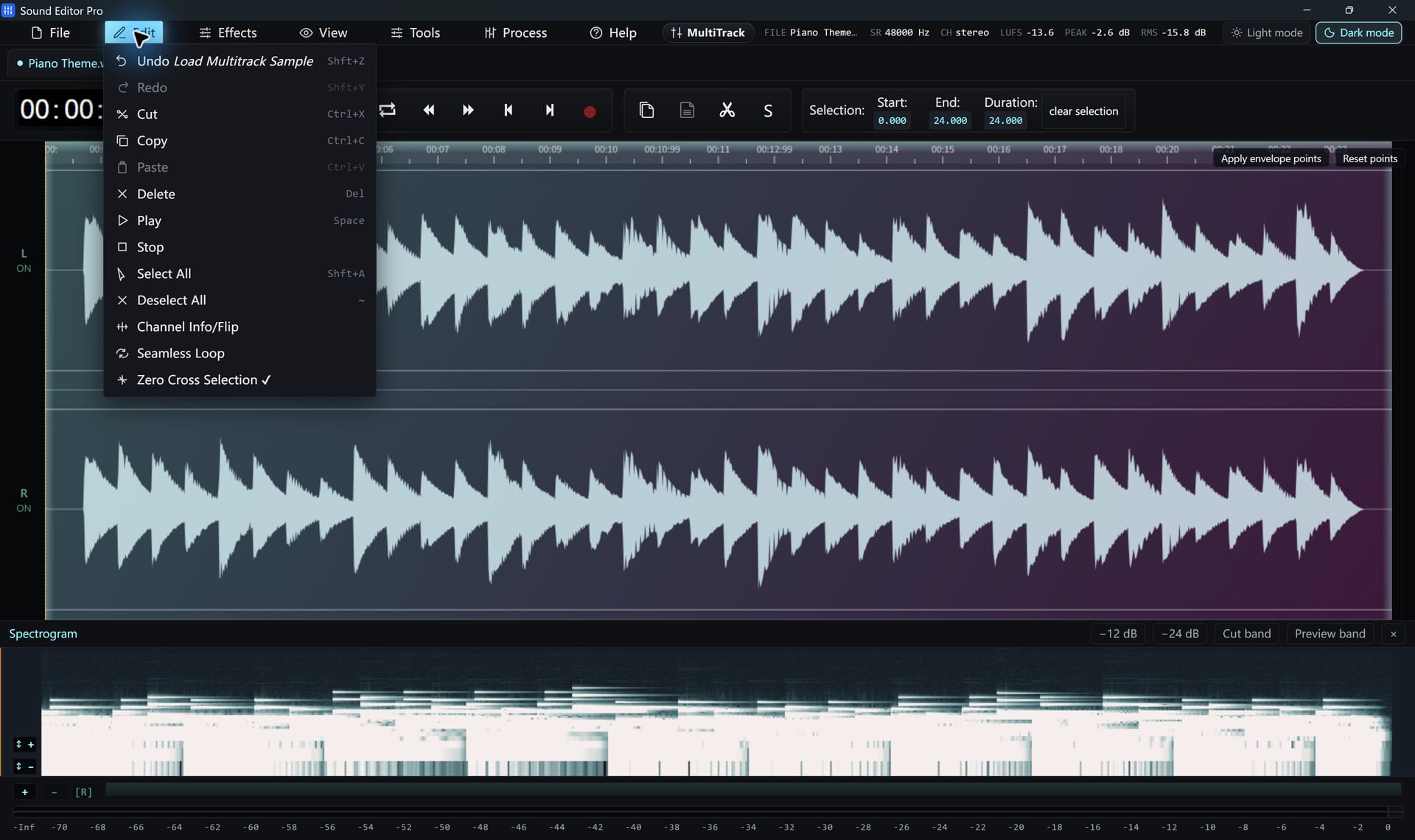 Sound Editor Pro Edit menu